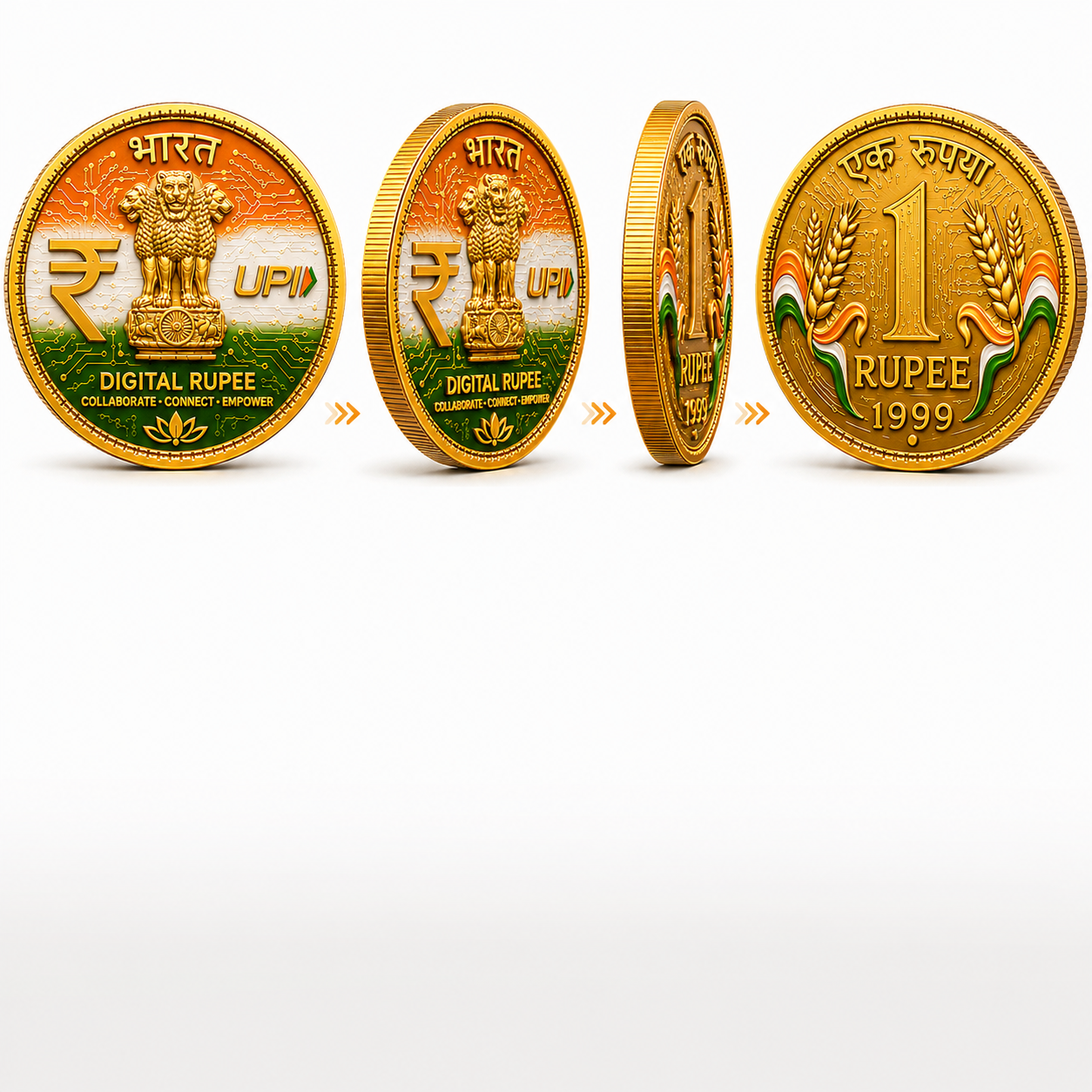 Multiple views of a digital coin showing front, edge, and back rotation
