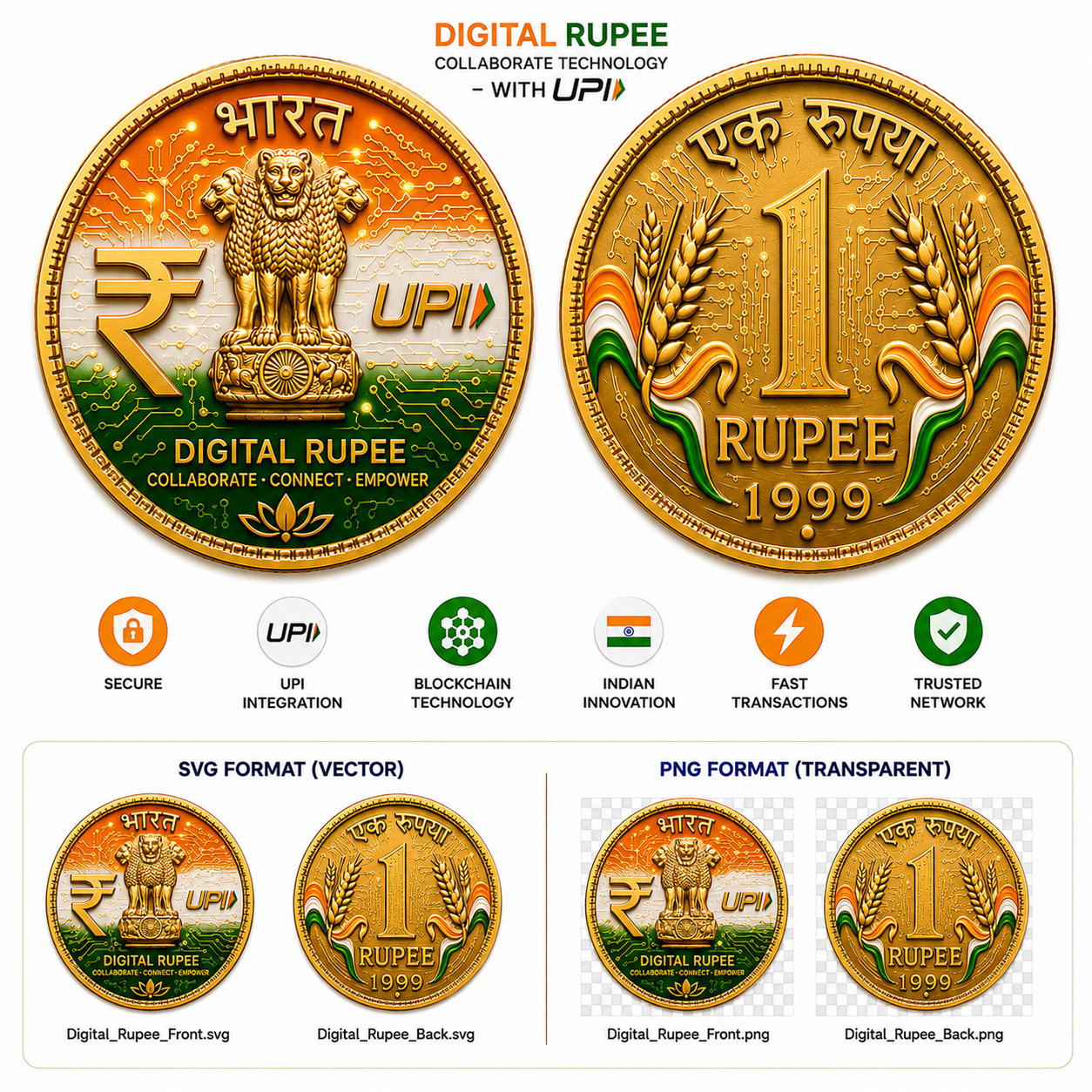 Digital coin presentation with security, UPI integration, blockchain technology, Indian innovation, and trusted network icons